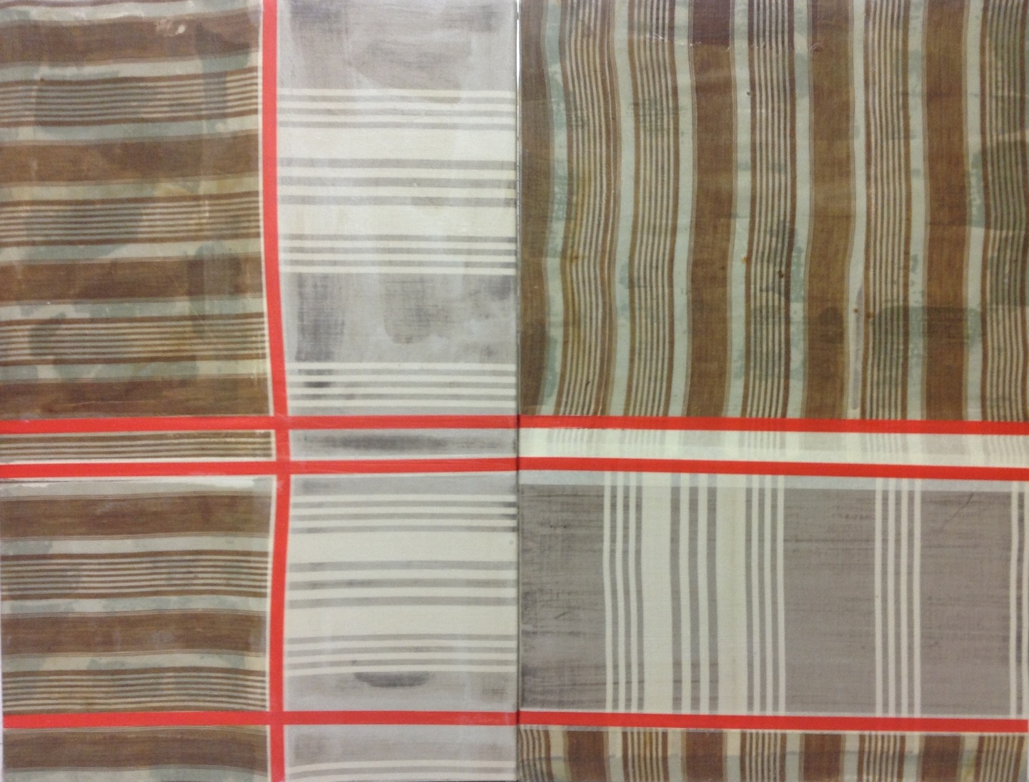 Albano Morandi, Dinamismo Plastico Instabile, cartesiane rosse (Dittico), 2014, collage, nastro adesivo e cera su stoffa e ready-made, cm 70x90